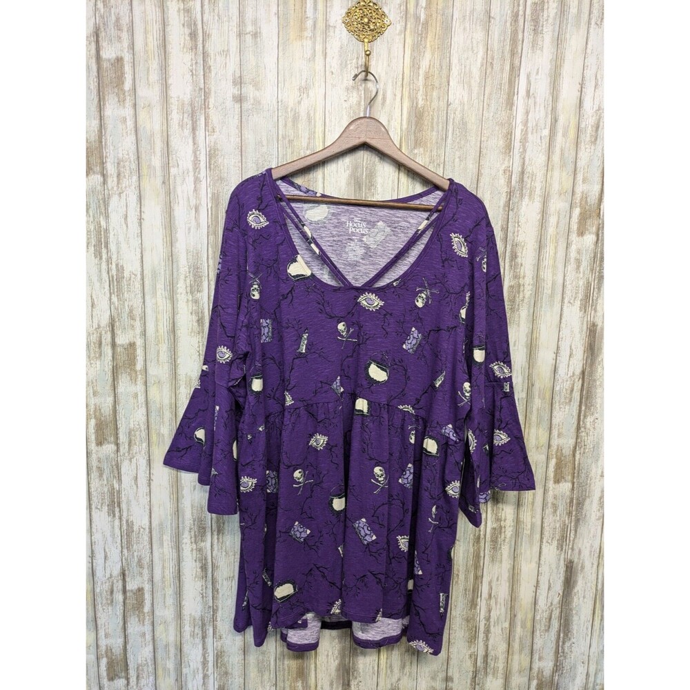 Torrid Disney Hocus Pocus Shirt Babydoll Bell Sleeve Purple Witchy 3X New